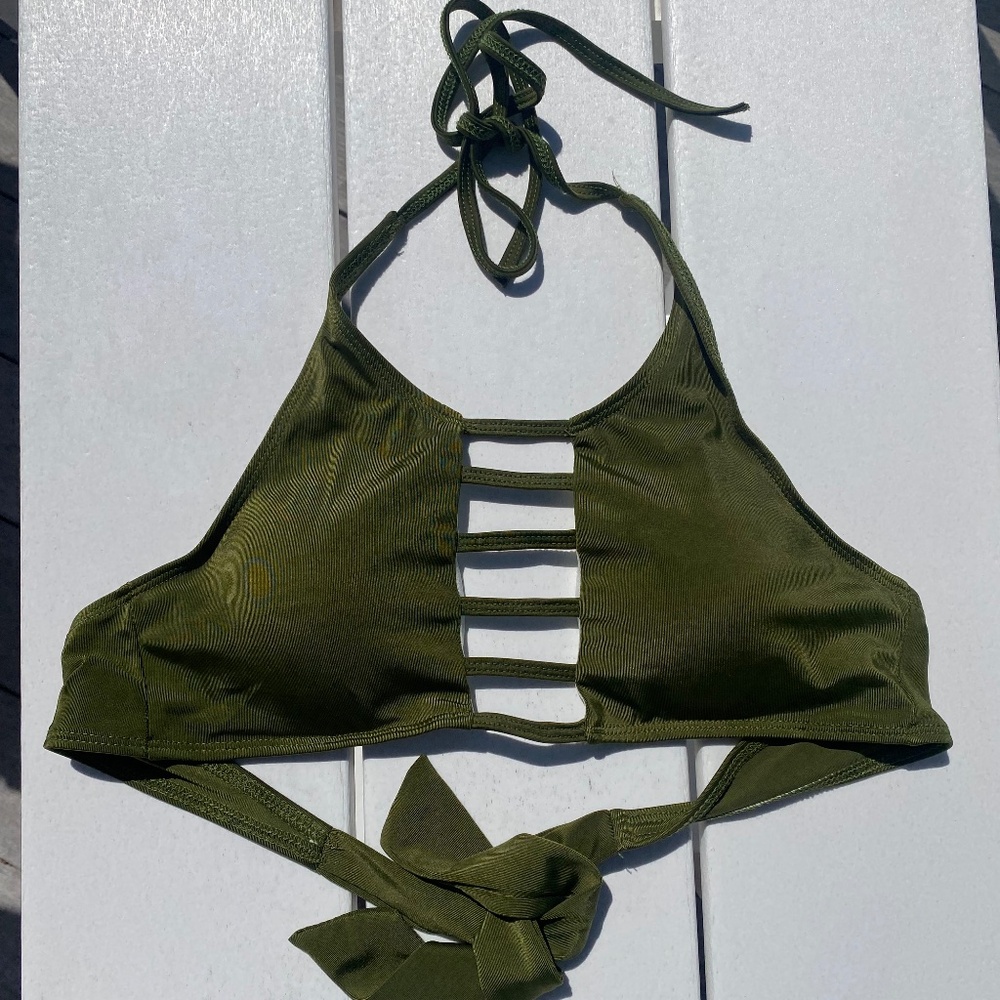 bikini halter top high neck strappy army green Small